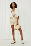 HY6150 Beige Womens Washed Contrast Stitch Colored Denim Paperbag Shorts Full Body