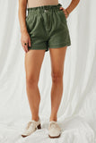 HY6150 Olive Womens Washed Contrast Stitch Colored Denim Paperbag Shorts Front