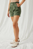 HY6150 Olive Womens Washed Contrast Stitch Colored Denim Paperbag Shorts Side