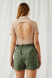 HY6150 Olive Womens Washed Contrast Stitch Colored Denim Paperbag Shorts Back