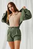 HY6150 Olive Womens Washed Contrast Stitch Colored Denim Paperbag Shorts Pose