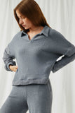 HY6156 Blue Womens Open Collar Long Sleeve Fleece Top Pose