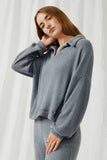 HY6156 Blue Womens Open Collar Long Sleeve Fleece Top Side