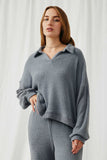 HY6156 Blue Womens Open Collar Long Sleeve Fleece Top Front