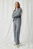HY6157 Blue Womens Elastic Waist Drawstring Wideleg Fleece Pants Full Body
