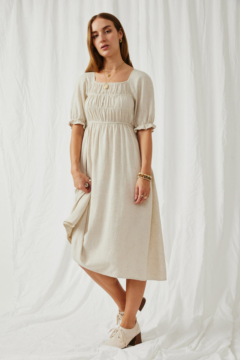 HY6205 Oatmeal Womens Linen Blend Peasant Smocked Square Neck Dress Full Body