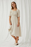 HY6205 Oatmeal Womens Linen Blend Peasant Smocked Square Neck Dress Full Body