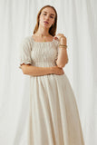 HY6205 Oatmeal Womens Linen Blend Peasant Smocked Square Neck Dress Front