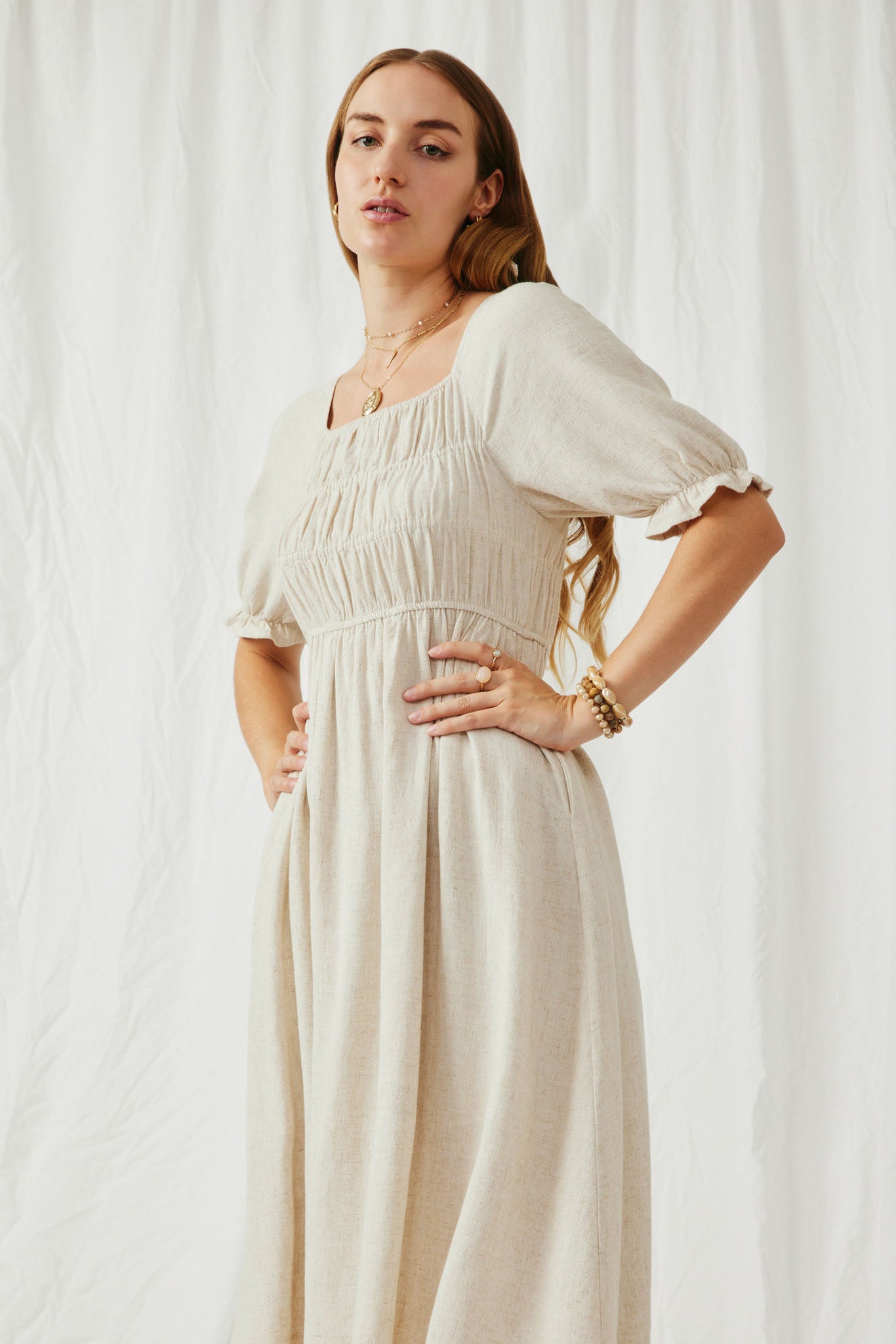 Linen Blend Peasant Smocked Square Neck Dress Linen Blend Peasant Smocked Square Neck Dress