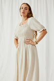 HY6205 Oatmeal Womens Linen Blend Peasant Smocked Square Neck Dress Side