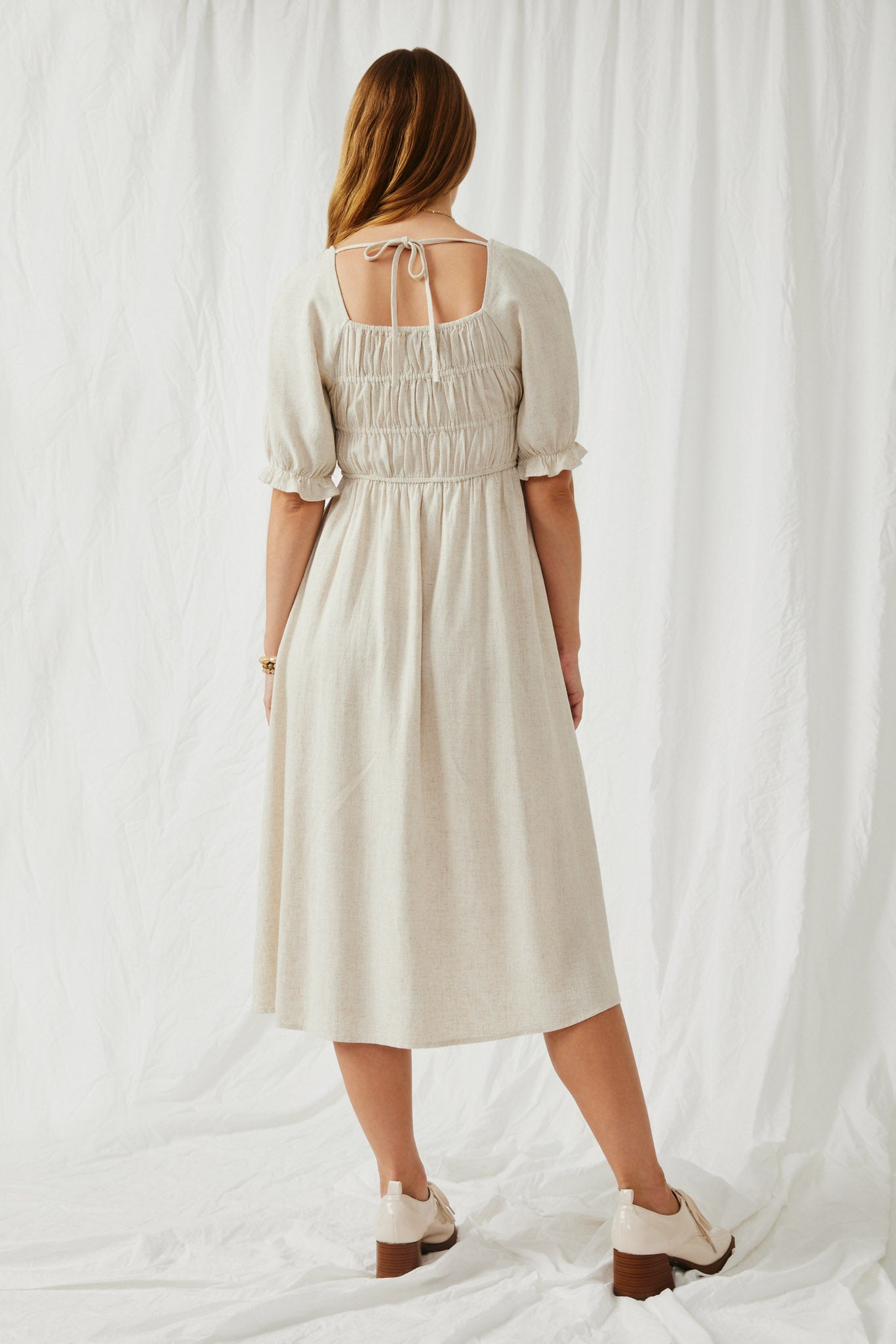 Linen Blend Peasant Smocked Square Neck Dress Linen Blend Peasant Smocked Square Neck Dress