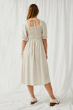 HY6205 Oatmeal Womens Linen Blend Peasant Smocked Square Neck Dress Back