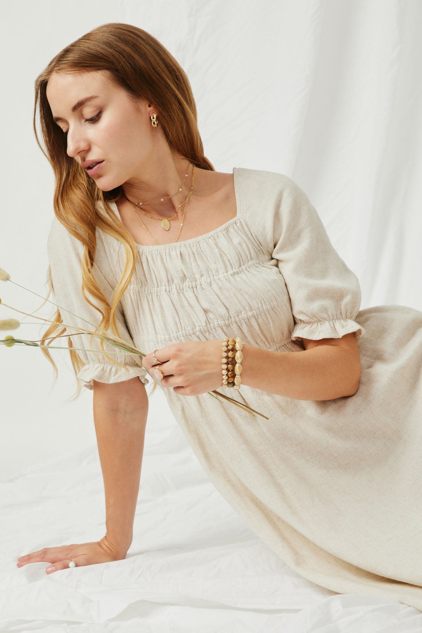 Linen Blend Peasant Smocked Square Neck Dress Linen Blend Peasant Smocked Square Neck Dress