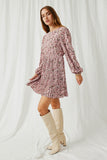 HY6208 Mauve Womens Ditsy Floral Long Sleeve Pleated Skirt Dress Pose