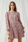 HY6208 Mauve Womens Ditsy Floral Long Sleeve Pleated Skirt Dress Front