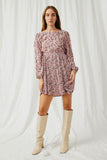 HY6208 Mauve Womens Ditsy Floral Long Sleeve Pleated Skirt Dress Full Body