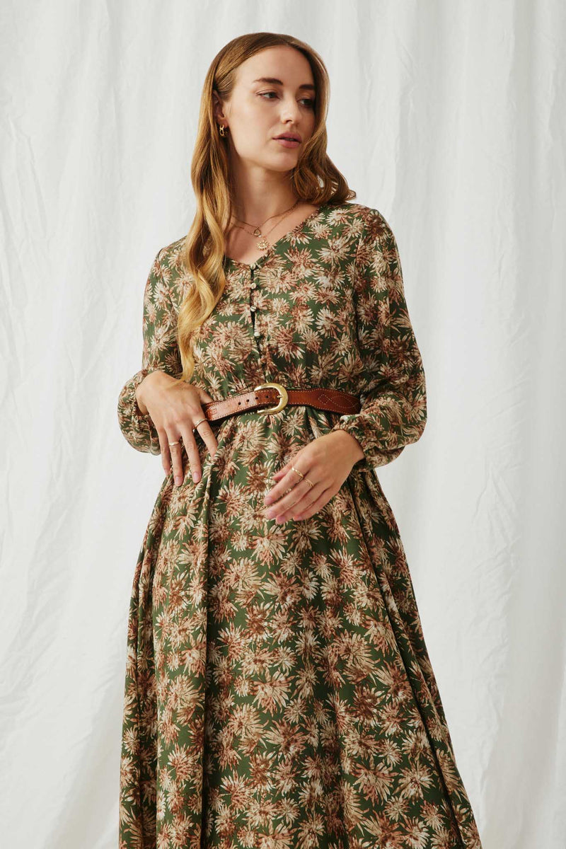 HY6209 Olive Womens Botanical Print V Neck Long Sleeve Dress Front
