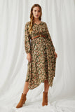 HY6209 Olive Womens Botanical Print V Neck Long Sleeve Dress Full Body