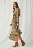 HY6209 Olive Womens Botanical Print V Neck Long Sleeve Dress Side