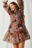 HY6220 Brown Womens Paisley Patch Print Ruffle Neck Chiffon Dress Front