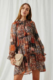 HY6220 Brown Womens Paisley Patch Print Ruffle Neck Chiffon Dress Front 2