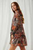 HY6220 Brown Womens Paisley Patch Print Ruffle Neck Chiffon Dress Side