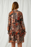 HY6220 Brown Womens Paisley Patch Print Ruffle Neck Chiffon Dress Back