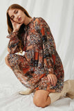 HY6220 Brown Womens Paisley Patch Print Ruffle Neck Chiffon Dress Pose