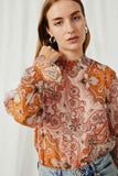 HY6243 Ivory Mix Womens Paisley Print Smock Detail Chiffon Top Front