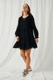 HY6274 Black Womens Textured Cinch Cuff Tiered Dress Full Body