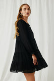 HY6274 Black Womens Textured Cinch Cuff Tiered Dress Side