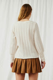 HY6290 Ivory Womens Long Cuff Cable Knit Pullover Top Back