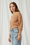 HY6290 Taupe Womens Long Cuff Cable Knit Pullover Top Side