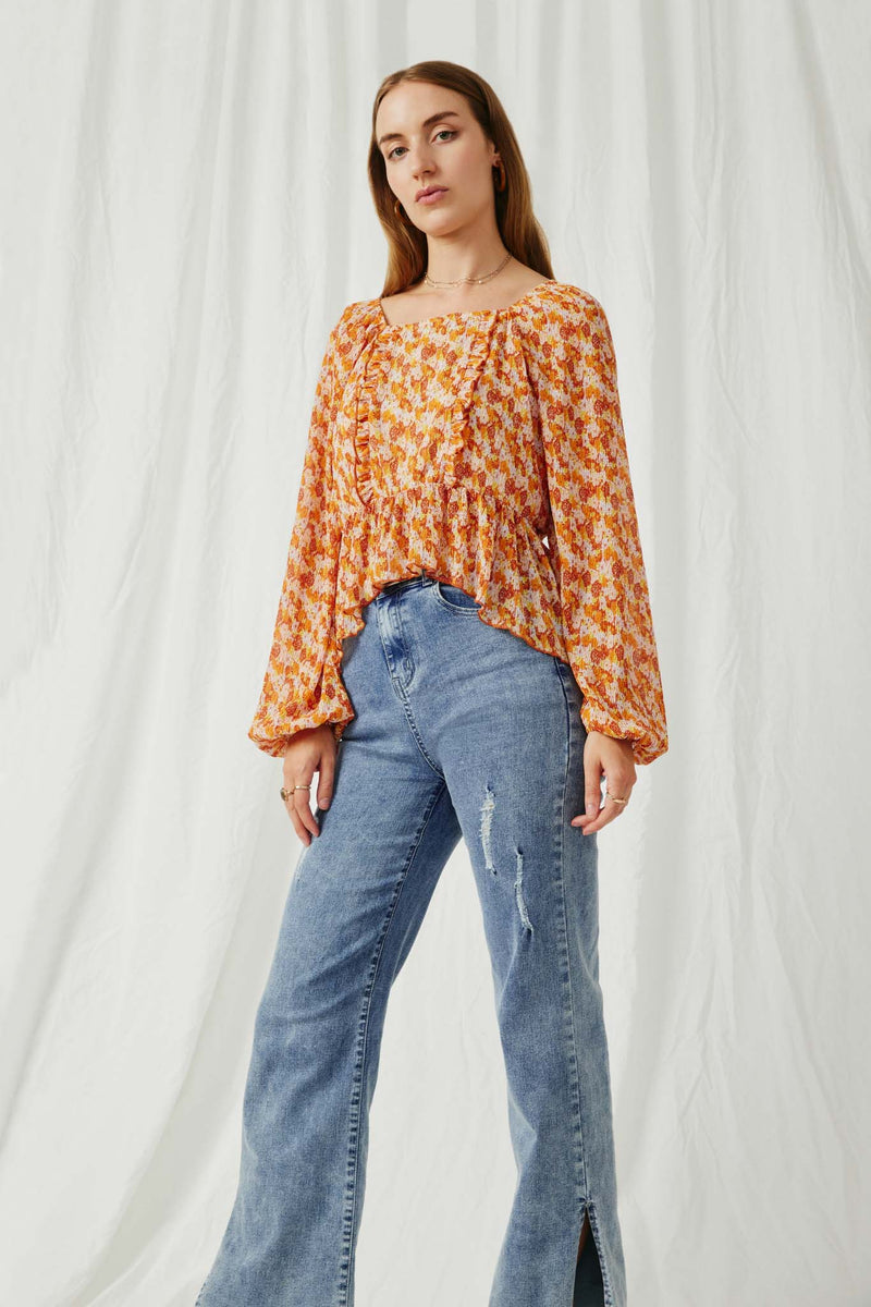 HY6307 Rust Womens Floral Print Ruffle Detail Smock Back Peplum Top Front