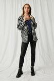 HY6311 Black Womens Houndstooth Front Pocket Button Detail Coat Full Body