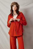 HY6326 Rust Womens Corduroy Button Up Shirt Pose