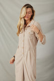 HY6331 Beige Womens Corduroy Collared Wide Leg Jumpsuit Pose 2