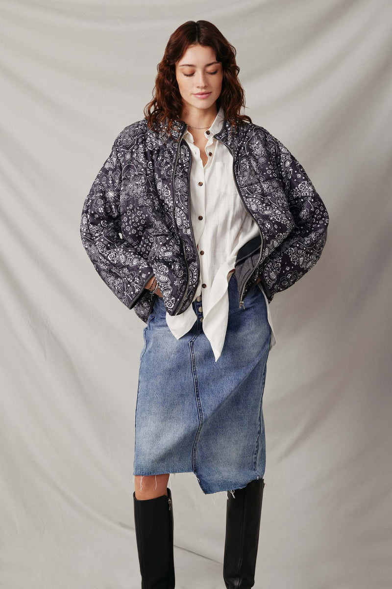 HY6333 Black Womens Bandana Printed Quilted Padded Jacket Pose