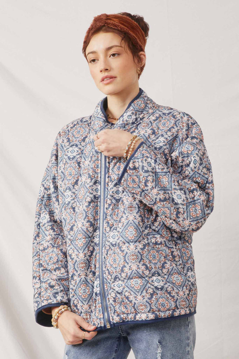 HY6334 Blue Womens Antique Printed Quilted Padded Jacket Front