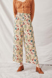 HY6398 Stone Womens Floral Print Smocked Elastic Waist Wide Leg Pants Front