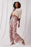 HY6398 Violet Womens Floral Print Smocked Elastic Waist Wide Leg Pants Full Body