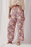 HY6398 Violet Womens Floral Print Smocked Elastic Waist Wide Leg Pants Front