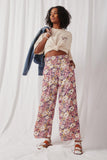 HY6398 Violet Womens Floral Print Smocked Elastic Waist Wide Leg Pants Full Body 2