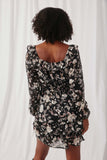 HY6402 Black Womens Textured Floral Chiffon Print Off Shoulder Tiered Dress Back