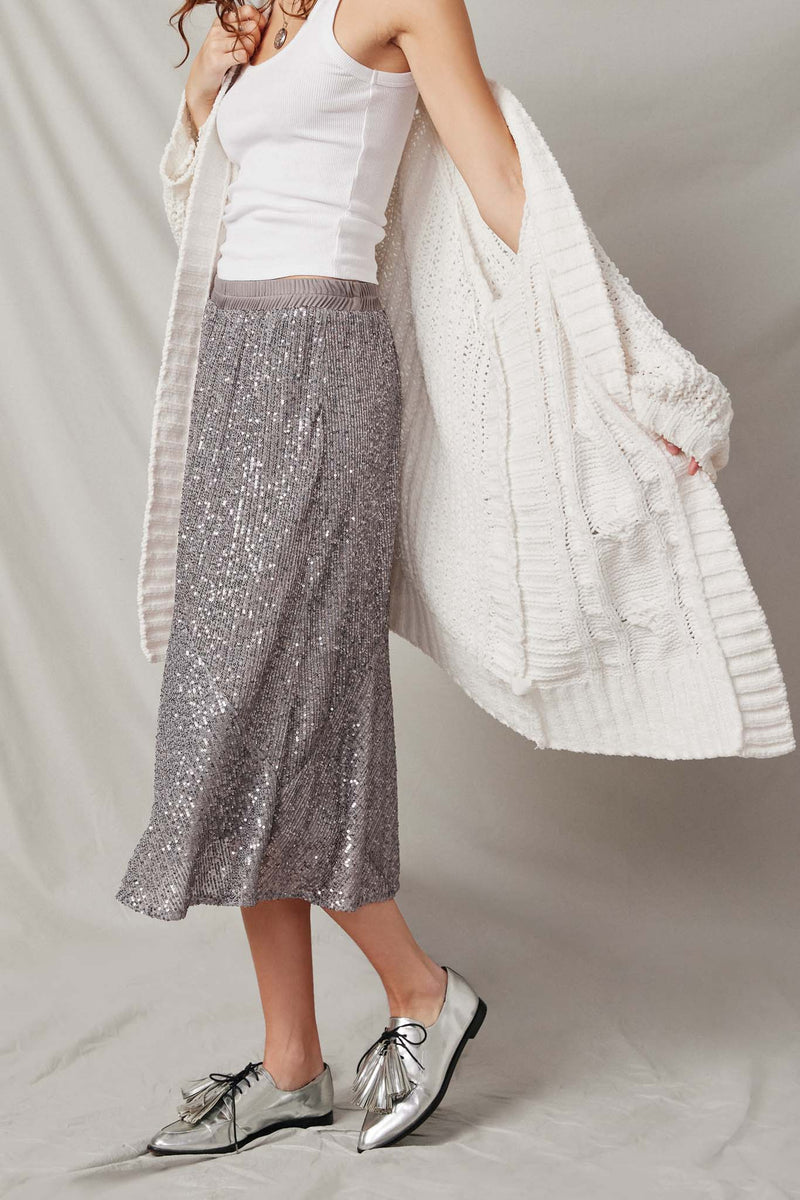HY6413 Silver Womens Elastic Waist Sequined Midi Skirt Side