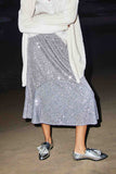 HY6413 Silver Womens Elastic Waist Sequined Midi Skirt Editorial