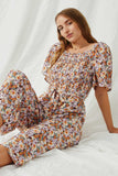 HY6479 Mocha Womens Floral Square Neck Palazzo Jumpsuit Pose