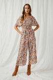 HY6479 Mocha Womens Floral Square Neck Palazzo Jumpsuit Full Body