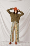 HY6513 Olive Womens Mixed Print Block Smocked Waist Wide Leg Pants Full Body