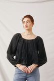 HY6546 Black Womens Smock Detailed Textured Washed Peplum Top Front